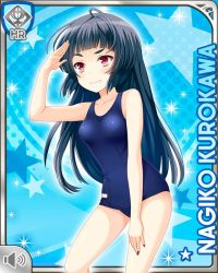 Rule 34 | 1girl, bags under eyes, barefoot, black hair, black nails, blue background, card (medium), closed mouth, competition swimsuit, covered navel, girlfriend (kari), grimace, kurokawa nagiko, long hair, looking at viewer, nail polish, official art, one-piece swimsuit, qp:flapper, red eyes, solo, standing, swimsuit