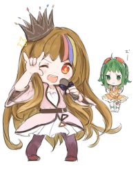 Rule 34 | 2girls, :i, :t, ;d, blonde hair, blue hair, blush, brown hair, chibi, clenched hands, crown, galaco, galaco (neo), goggles, goggles on head, green eyes, green hair, gumi, highres, long hair, microphone, multicolored hair, multiple girls, n03+, no3+, one eye closed, open mouth, orange eyes, pink hair, smile, star (symbol), streaked hair, very long hair, vocaloid