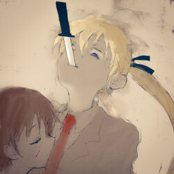 Rule 34 | 2girls, abstract background, absurdres, black ribbon, blazer, bleeding, blonde hair, blood, brown background, brown hair, brown jacket, closed eyes, closed mouth, collared shirt, commentary request, cuts, hair ribbon, head back, head on chest, highres, injury, jacket, kill me baby, knife in mouth, lapels, long hair, looking at another, looking down, mouth hold, multiple girls, necktie, oribe yasuna, payama, purple eyes, red necktie, ribbon, shirt, short hair, smile, sonya (kill me baby), twintails, upper body
