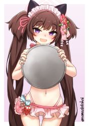 Rule 34 | 1girl, absurdres, animal ears, bikini, blue archive, blush, brown hair, commentary request, fang, flower, frilled bikini, frills, hair flower, hair ornament, halo, hibiscus, highres, holding, holding tray, jewelry, long hair, looking at viewer, namaata, naughty face, open mouth, pink bikini, pink flower, purple eyes, red flower, ring, shizuko (blue archive), shizuko (swimsuit) (blue archive), simple background, solo, swimsuit, tray, twintails, twitter username, two-tone background, two side up, very long hair