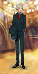Rule 34 | 1boy, absurdres, alternate costume, black footwear, black pants, blurry, blurry background, buttons, collared shirt, edmond dantes (fate), fate/grand order, fate (series), formal, full body, grin, hand in pocket, heroic spirit formal dress, highres, holding, holding clothes, holding jacket, indoors, jacket, unworn jacket, long hair, long sleeves, male focus, necktie, pants, ponytail, red neckwear, shirt, smile, suit, suit jacket, teeth, tuxedo, tuze111, wavy hair, white hair, yellow eyes