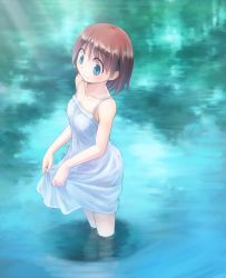 Rule 34 | 1girl, blue eyes, brown hair, closed mouth, clothes lift, commentary request, day, dress, dress lift, highres, ikeda jun (mizutamari), lifted by self, looking at viewer, original, outdoors, redrawn, reflection, shadow, short dress, short hair, smile, solo, spaghetti strap, standing, sundress, wading, water