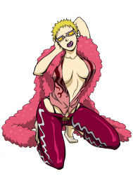 Rule 34 | 1girl, blonde hair, breasts, cleavage, donquixote doflamingo, feather boa, female focus, full body, genderswap, genderswap (mtf), kneeling, one piece, simple background, solo, sunglasses, tongue, tongue out, white background