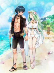 Rule 34 | 1boy, 1girl, abs, beach, bikini, black jammers, black male swimwear, black vs white, blue eyes, blue hair, breasts, byleth (fire emblem), byleth (male) (fire emblem), cleavage, closed mouth, cloud, cloudy sky, coconut, drawstring, feet, fire emblem, fire emblem: three houses, fire emblem heroes, fishing rod, flower, food, fruit, full body, green eyes, green hair, hair flower, hair ornament, hermit crab, highres, holding, holding fishing rod, holding hands, jammers, lace, large breasts, long hair, looking at another, male swimwear, matching hair/eyes, navel, nintendo, open clothes, open shirt, palm tree, rhea (fire emblem), ribbon, ribbon braid, sandals, seashell, shell, shirt, short hair, sky, smile, swimsuit, toes, tree, water, white bikini, yomusugara (uzo-muzo)