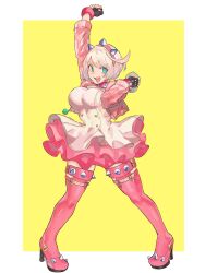 Rule 34 | 1girl, ahoge, aqua eyes, black gloves, boots, bracelet, breasts, clover, collar, dress, elphelt valentine, fingerless gloves, four-leaf clover, frilled dress, frills, full body, gloves, guilty gear, guilty gear strive, hairband, highres, huge ahoge, jacket, jewelry, large breasts, legs apart, long sleeves, looking at viewer, luci omi gusu, open mouth, pink dress, pink footwear, pink jacket, short hair, smile, spiked bracelet, spiked collar, spiked hairband, spikes, standing, thigh boots, two-tone dress, white dress, white hair, yellow background