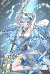 1girl absurdres anklet armpits arms_up artist_name azura_(fire_emblem) barefoot blue_hair breasts closed_mouth commentary detached_collar detached_sleeves dress english_commentary fire_emblem fire_emblem_fates gold_anklet gold_thighlet highres holding holding_polearm holding_weapon hydrokinesis jewelry karrincorrin kneeling long_hair looking_at_viewer medium_breasts nintendo polearm solo spear thighlet water weapon white_dress yellow_eyes