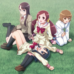 10s 4girls blue_eyes blue_hair brown_eyes brown_hair glasses grass hanasaki_tsubomi heartcatch_precure! highres kneeling kurumi_erika long_hair lying multiple_girls myoudouin_itsuki precure purple_hair red_eyes red_hair sayousuke school_uniform short_hair sitting tsukikage_yuri twintails