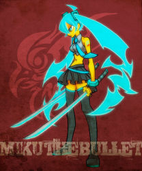 Rule 34 | 1girl, bare shoulders, blouse, blue hair, breasts, colored skin, dual wielding, energy, english text, glaring, gloves, green hair, hatsune miku, holding, katana, katou (hyaena), long hair, midriff, miniskirt, necktie, pectorals, pleated skirt, red background, scowl, shirt, shoes, skirt, small breasts, solo, sword, tattoo, text focus, thighhighs, twintails, very long hair, vocaloid, weapon, wristband, yellow skin