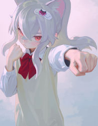 Rule 34 | 1girl, animal ear fluff, animal ears, bow, bowtie, closed mouth, collared shirt, crossed bangs, extra ears, fkey, floating hair, grey hair, hair ornament, hairclip, highres, long hair, long sleeves, looking at viewer, original, red bow, red bowtie, red eyes, shirt, simple background, solo, upper body, vest, white shirt, yellow vest
