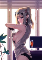 Rule 34 | 1girl, absurdres, adjusting clothes, armpits, ass, backlighting, bad id, bad twitter id, window blinds, blonde hair, blue eyes, blurry, blurry background, blush, breasts, butt crack, duplicate, eyewear on head, girls&#039; frontline, gloves, hair between eyes, hair ornament, hair ribbon, highres, ihobus, indoors, kalina (girls&#039; frontline), large breasts, lingerie, long hair, looking at viewer, no bra, parted lips, red ribbon, ribbed sweater, ribbon, screen, side ponytail, sideboob, solo, standing, sunglasses, sunset, sweater, sweater vest, turtleneck, turtleneck sweater, underwear, window