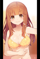 Rule 34 | 10s, 1girl, armpits, artist name, bare shoulders, bikini, blunt bangs, blush, breasts, breath, brown hair, cleavage, closed mouth, collarbone, eyebrows, floral print, girls und panzer, gradient background, hand on own stomach, large breasts, light brown hair, long hair, looking at viewer, meth (emethmeth), navel, pillarboxed, simple background, smile, solo, stomach, swimsuit, takebe saori, upper body, yellow bikini