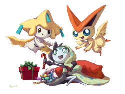 Rule 34 | :d, bag, black eyes, blue eyes, christmas, closed mouth, commentary, creature, creatures (company), english commentary, eye contact, fangs, floating, flying, full body, game freak, gen 3 pokemon, gen 5 pokemon, green hair, happy, jirachi, legendary pokemon, long hair, looking at another, meloetta, meloetta (aria), mythical pokemon, nintendo, open mouth, pokemon, pokemon (creature), simple background, smile, tyma (mtymas), victini, white background