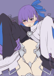 Rule 34 | 10s, 1girl, blue eyes, blush, coat, fate/extra, fate/extra ccc, fate/grand order, fate (series), hair ribbon, long hair, looking away, meltryllis (fate), meltryllis (second ascension) (fate), midriff, navel, open mouth, oukawa yuu, outstretched arms, purple hair, ribbon, sleeves past wrists, solo, very long hair