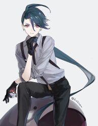Rule 34 | black gloves, black necktie, black pants, blue hair, clodsire, closed mouth, collared shirt, creatures (company), earrings, game freak, gloves, grey background, grey shirt, hair between eyes, highres, holding, holding poke ball, jewelry, long hair, looking at viewer, necktie, nintendo, open mouth, pants, poke ball, poke ball (basic), pokemon, pokemon (creature), pokemon sv, ponytail, rika (pokemon), shirt, simple background, solo, suspenders, twitter username, very long hair, za210n