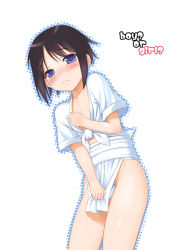 Rule 34 | androgynous, black hair, blue eyes, blush, brown hair, covering privates, embarrassed, english text, figo, figotan, fundoshi, gender request, japanese clothes, mizu happi, short hair, solo, trap