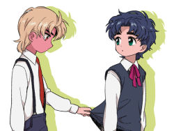 Rule 34 | 2boys, arm at side, arms at sides, blonde hair, blue hair, blush, cardcaptor sakura, child, closed mouth, clothes grab, collared shirt, dio brando, embarrassed, expressionless, eye contact, from side, full-face blush, green eyes, hair intakes, jojo no kimyou na bouken, jonathan joestar, long sleeves, looking at another, male focus, multiple boys, neck ribbon, necktie, parody, parted bangs, parted lips, phantom blood, pink ribbon, profile, red eyes, red neckwear, ribbon, shirt, shy, simple background, suspenders, sweater vest, tareme, thick eyebrows, tochiko (spi), upper body, white background, white shirt, wing collar