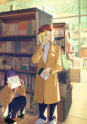 2girls :d ^_^ absurdres blonde_hair blunt_bangs bookshelf closed_eyes coat commentary english_commentary hair_ornament hat highres hololive hololive_english long_hair lucferz multiple_girls ninomae_ina&#039;nis open_mouth pleated_skirt pointy_ears purple_hair short_hair skirt smile squatting sweater tentacle_hair turtleneck turtleneck_sweater variant_set virtual_youtuber watson_amelia