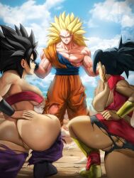 Rule 34 | 1boy, 2girls, absurdres, anus, ass, black hair, blonde hair, blue sky, breasts, caulifla, cleft of venus, clenched teeth, collaboration, dragon ball, dragon ball super, earrings, elite nappa, from behind, grin, highres, jewelry, kale (dragon ball), large breasts, multiple girls, muscular, muscular male, nipples, no eyebrows, novasayajingoku, pectorals, ponytail, pussy, shirt, sky, smile, son goku, spiked hair, standing, strapless, super saiyan, super saiyan 3, teeth, torn clothes, tube top