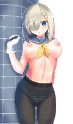 Rule 34 | 10s, 1girl, black pantyhose, blue eyes, blush, breasts, crotch seam, female focus, gloves, hair ornament, hair over one eye, hairclip, hamakaze (kancolle), kantai collection, large breasts, looking at viewer, navel, nipples, panties, panties under pantyhose, pantyhose, parted lips, puffy nipples, short hair, silver hair, solo, striped clothes, striped panties, tenken (gotannda), underwear