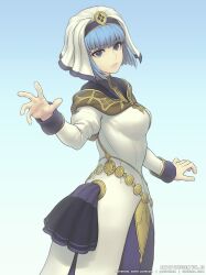 Rule 34 | 1girl, blue background, blue eyes, blue hair, breasts, dress, fire emblem, fire emblem echoes: shadows of valentia, gofelem, jewelry, long sleeves, looking at viewer, looking back, medium breasts, nintendo, reaching, reaching towards viewer, silque (fire emblem), simple background, solo, veil, watermark, web address, white background, white dress
