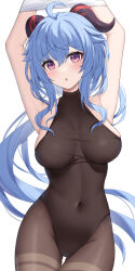 Rule 34 | 1girl, ahoge, armpits, arms up, bare shoulders, blue hair, blush, bodystocking, bound, bound arms, breasts, covered navel, ganyu (genshin impact), genshin impact, goat horns, highres, horns, leotard, leotard under clothes, long hair, looking at viewer, medium breasts, nyuu (pixiv12143565), presenting armpit, purple eyes, sideboob, sidelocks, solo, thighlet, thighs, white background