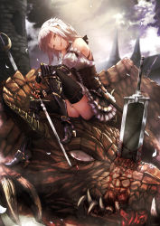 Rule 34 | 1girl, armored boots, black thighhighs, blood, blurry, blurry background, boots, corset, detached sleeves, dragon, earrings, elf, fantasy, fingerless gloves, frilled skirt, frills, gloves, hair ornament, head tilt, highres, jewelry, long hair, looking at viewer, namako (namacotan), open mouth, original, pointy ears, shorts, shorts under skirt, sitting, skirt, solo, thighhighs, tower, white hair, yellow eyes