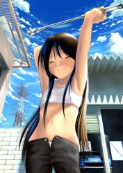 Rule 34 | 1girl, armpits, black hair, car, closed eyes, cloud, cowboy shot, day, denim, flat chest, jeans, long hair, midriff, motor vehicle, open fly, original, pants, power lines, sky, solo, stretching, tools, unzipped, vehicle, wrench, yonasawa