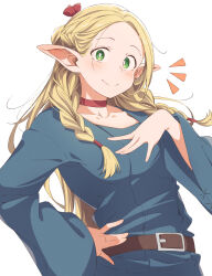 Rule 34 | 1girl, belt, belt buckle, blonde hair, blue robe, braid, brown belt, buckle, choker, dungeon meshi, eitopondo, elf, emphasis lines, forehead, green eyes, hand on own chest, hand on own hip, looking at viewer, marcille donato, pointy ears, red choker, robe, solo, twin braids, upper body, white background