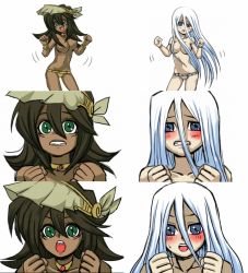 Rule 34 | 2girls, :d, armlet, bad id, bad pixiv id, blue eyes, blush, bracelet, breasts, brown hair, censored, choker, clenched teeth, convenient censoring, dancing, dark-skinned female, dark skin, egyptian, embarrassed, fundoshi, green eyes, hair censor, hair over breasts, japanese clothes, jewelry, kisara (yu-gi-oh!), large breasts, long hair, mana (yu-gi-oh!), multiple girls, open mouth, parody, smile, teeth, topless, white hair, yu-gi-oh!, yu-gi-oh! duel monsters, zuino