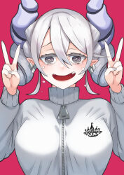 Rule 34 | 1girl, @ @, blush, breasts, demon girl, demon horns, double v, drill hair, duel monster, fangs, grey eyes, highres, horns, jacket, jersey, ke-su, large breasts, lovely labrynth of the silver castle, red background, spiral-only eyes, tears, track jacket, track suit, upper body, v, wavy mouth, white horns, yu-gi-oh!
