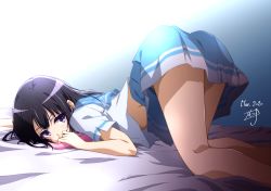 Rule 34 | 1girl, ass, bare legs, black hair, blue background, blue sailor collar, blue skirt, dated, feet out of frame, from side, gradient background, hibike! euphonium, kitauji high school uniform, kneepits, kousaka reina, long hair, looking at viewer, looking to the side, midriff peek, miniskirt, neckerchief, nii manabu, pink neckerchief, purple eyes, sailor collar, school uniform, serafuku, shirt, short sleeves, signature, skirt, solo, thighs, top-down bottom-up, v-shaped eyebrows, white shirt