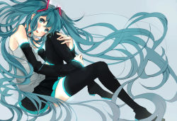 Rule 34 | 1girl, aqua eyes, aqua hair, bad id, bad pixiv id, blush, boots, detached sleeves, female focus, fly 333, hatsune miku, hugging own legs, long hair, open mouth, simple background, sitting, skirt, solo, thigh boots, thighhighs, twintails, very long hair, vocaloid