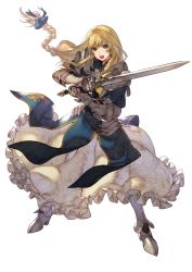 Rule 34 | 1girl, absurdres, armor, armored boots, blonde hair, boots, braid, dress, fantasy, full body, gauntlets, green eyes, highres, holding, holding sword, holding weapon, kotatsu (g-rough), long hair, looking at viewer, original, princess freia (kotatsu (g-rough)), signature, simple background, solo, standing, sword, weapon, white background