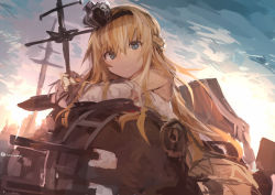 Rule 34 | 1girl, absurdres, blonde hair, blue eyes, blush, braid, crown, dress, french braid, highres, holding, kaamin (mariarose753), kantai collection, long hair, long sleeves, mini crown, off-shoulder dress, off shoulder, one-hour drawing challenge, outdoors, rigging, scepter, sky, smile, solo, twitter username, warspite (kancolle)