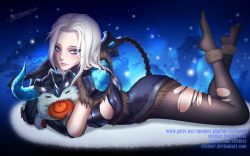 Rule 34 | 1girl, armor, artist name, black pantyhose, blue eyes, breasts, citemer, crown, feet, full body, fur trim, gem, helmet, league of legends, legs up, leotard, light smile, liuruoyu8888, looking at viewer, lying, on stomach, pantyhose, poro (league of legends), sejuani, shoulder pads, sideboob, smile, solo, the pose, torn clothes, torn pantyhose, watermark, web address, white hair