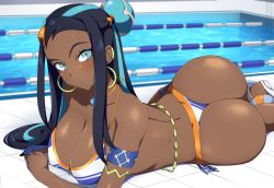 Rule 34 | 1girl, adapted costume, alternate breast size, armlet, ass, bare shoulders, belly chain, bikini, black hair, blue bikini, blue eyes, blue hair, breasts, cleavage, collarbone, commentary, creatures (company), dark-skinned female, dark skin, earrings, female focus, game freak, hair ornament, hoop earrings, jewelry, large breasts, lindaroze, long hair, looking at viewer, lying, multicolored hair, necklace, nessa (pokemon), nintendo, on stomach, parted lips, pokemon, pokemon swsh, pool, raised eyebrow, shiny skin, solo, swimsuit, tareme, thong bikini, tile floor, tiles, twisted torso, two-tone hair, water, white bikini