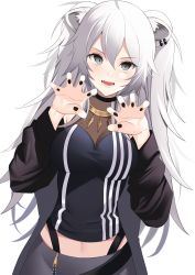 Rule 34 | 1girl, :d, absurdres, ahoge, animal ears, black jacket, black shirt, breasts, claw pose, cleavage, cowboy shot, crop top, ear piercing, eyelashes, fangs, grey eyes, grey hair, grey skirt, hair between eyes, highres, hololive, huge filesize, jacket, jewelry, large breasts, lion ears, lion girl, long hair, looking at viewer, messy hair, necklace, off shoulder, open mouth, partially unzipped, piercing, see-through, see-through cleavage, shadow, shirt, shishiro botan, shishiro botan (1st costume), sidelocks, skin tight, skirt, sleeveless, sleeveless shirt, smile, solo, tamatabe, teeth, transparent background, two side up, v-shaped eyebrows, virtual youtuber, white background, zipper skirt