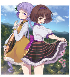 Rule 34 | 2girls, beamed eighth notes, biwa lute, black skirt, blouse, blush, brown dress, brown eyes, brown hair, closed mouth, commission, dress, eighth note, frilled skirt, frills, hairband, highres, instrument, iris anemone, long hair, long sleeves, lute (instrument), multiple girls, musical note, open mouth, puffy short sleeves, puffy sleeves, purple eyes, purple hair, purple hairband, quarter note, sheet music, shirt, short hair, short sleeves, siblings, sisters, skeb commission, skirt, smile, touhou, treble clef, tsukumo benben, tsukumo yatsuhashi, white shirt