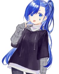 Rule 34 | 1girl, black hair, black hoodie, black pantyhose, blue eyes, blue hair, breasts, commentary request, drawstring, earrings, highres, hood, hood down, hoodie, jewelry, karamomo, layered sleeves, long hair, long sleeves, looking at viewer, multicolored hair, original, pantyhose, ring, shirt, short over long sleeves, short sleeves, simple background, sleeves past wrists, small breasts, solo, streaked hair, tongue, tongue out, turtleneck, v, very long hair, white background, white shirt
