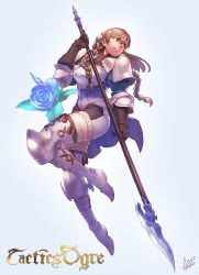 Rule 34 | 1girl, armor, artdink, azusa (hws), blue eyes, blue flower, blue rose, boots, braid, brown hair, flower, glaive (polearm), gloves, highres, legs, long legs, polearm, purple eyes, ravness loxaerion, rose, solo, spear, tactics ogre, thick thighs, thigh boots, thighhighs, thighs, twin braids, weapon