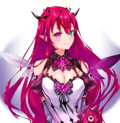 Rule 34 | 1girl, arms at sides, asymmetrical wings, bare shoulders, black bow, blue eyes, bow, breasts, cleavage, closed mouth, collar, double-parted bangs, dress, flower, hair between eyes, halo, heterochromia, highres, hololive, hololive english, horns, irys (hololive), irys (irys 2.0) (hololive), large breasts, long hair, mame. (mame20150408), mismatched wings, pointy ears, purple eyes, red hair, simple background, smile, very long hair, virtual youtuber, white background, white dress, wings