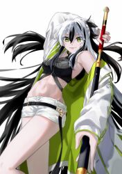 Rule 34 | 1girl, absurdres, arm behind back, bare shoulders, belt, black hair, breasts, crop top, cropped shirt, fate/grand order, fate (series), green eyes, green jacket, hair between eyes, highres, holding, holding polearm, holding weapon, jacket, long hair, long sleeves, looking at viewer, midriff, multicolored clothes, multicolored hair, multicolored jacket, nagao kagetora (fate), navel, o-ring, o-ring belt, off-shoulder jacket, off shoulder, open clothes, polearm, shirt, shorts, simple background, sleeveless, smile, solo, two-tone hair, two-tone jacket, uesugi kenshin (fate), uesugi kenshin (second ascension) (fate), uzu asc, weapon, white background, white hair, white jacket, white shorts