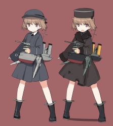 Rule 34 | 10s, 2girls, bare legs, bedovyy (kantai collection) (type 1902), blush, boots, brown hair, coat, full body, gun, handgun, hat, kantai collection, long sleeves, looking at viewer, military, military uniform, multiple girls, multiple views, open mouth, original, personification, red background, red eyes, revision, shimada fumikane, short hair, simple background, uniform, weapon