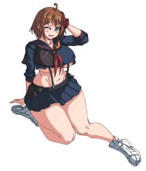 Rule 34 | 1girl, ahoge, black skirt, blue eyes, breasts, brown hair, brups tv, commentary, cosplay, cowlick, curvy, english commentary, full body, gloves, highres, kill la kill, large breasts, looking at viewer, matoi ryuuko, matoi ryuuko (cosplay), navel, one eye closed, open mouth, original, school uniform, senketsu, serafuku, shoes, short hair, sitting, skirt, smile, sneakers, solo, thick thighs, thighs, underboob, wide hips