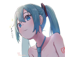 1girl aqua_hair aqua_necktie artist_name blue_eyes collarbone from_below hatsune_miku highres long_hair looking_to_the_side necktie number_tattoo out-of-frame_censoring shoulder_tattoo simple_background solo tattoo topless twintails vocaloid white_background yasuno-labo