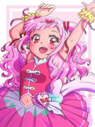 1girl :d arms_up blush breasts clothing_cutout cone_hair_bun cure_yell earrings hair_bun hair_ornament hair_ribbon heart heart_hair_ornament highres hugtto!_precure jewelry long_hair magical_girl navel nono_hana open_mouth pink_background pink_hair pink_ribbon pink_skirt precure red_eyes red_ribbon ribbon scrunchie skirt small_breasts smile stomach_cutout suzuna_mine yellow_scrunchie