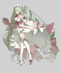 Rule 34 | 1girl, absurdly long hair, absurdres, aqua eyes, arm tattoo, bare shoulders, bow, detached sleeves, dress, flower, food, food print, fork, frilled dress, frilled sleeves, frilled thighhighs, frills, fruit, green hair, grey background, hair between eyes, hatsune miku, high heels, highres, holding, holding fork, long hair, maid headdress, musical note, musical note print, oversized object, parted lips, pink bow, pink footwear, pink ribbon, red bow, red ribbon, ribbon, simple background, sleeves past wrists, solo, strawberry, strawberry miku (morikura), strawberry print, striped, tattoo, thighhighs, triangle mouth, twintails, very long hair, vocaloid, white dress, white flower, white thighhighs, zhibuji loom