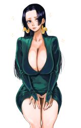 Rule 34 | 1girl, absurdres, black hair, blue eyes, boa hancock, breasts, cleavage, dress, earrings, hands on own thighs, highres, joy boy, large breasts, long hair, long sleeves, looking at viewer, one piece, parted bangs, raised eyebrows, sitting, snake earrings, thighs, v-neck, white background