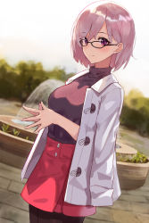 Rule 34 | 1girl, black pantyhose, blouse, blush, breasts, buttons, fate/grand order, fate (series), glasses, hair over one eye, highres, jacket, jacket on shoulders, light purple hair, looking at viewer, mash kyrielight, mash kyrielight (chaldea park caravan), official alternate costume, own hands together, pantyhose, purple eyes, purple shirt, seon (seonon ), shirt, short hair, skirt, smile, solo, white jacket
