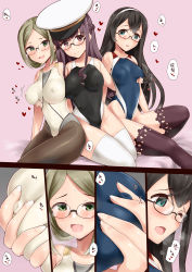 Rule 34 | 3girls, absurdres, black hair, black legwear, black one-piece swimsuit, blue one-piece swimsuit, braid, breast hold, breasts, brown eyes, brown hair, commentary request, competition swimsuit, covered erect nipples, crown braid, female admiral (kancolle), folded ponytail, glasses, green eyes, hairband, hat, highres, kantai collection, katori (kancolle), large breasts, long hair, looking at viewer, minase (takaoka nanase), multiple girls, one-piece swimsuit, ooyodo (kancolle), pantyhose, pantyhose under swimsuit, parted bangs, peaked cap, small breasts, smile, swimsuit, thighhighs, white hairband, white headwear, white legwear, white one-piece swimsuit, yuri